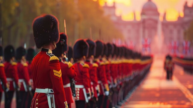 Ceremonial guards standing in line at sunset
