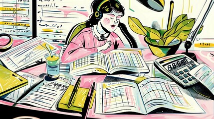 Payroll Professional at Work: Illustration of Desk Scene and Tools