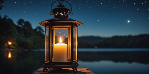burning candle in a brass lantern