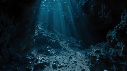 Obraz premium Underwater Sea In A Deep Abyss With Blue Hues And Sunlight Filtering Through, Evoking A Sense Of Mystery And Wonder, High Quality