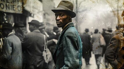 Obraz premium Man in vintage attire stands out bustling, sepia-toned crowd scene
