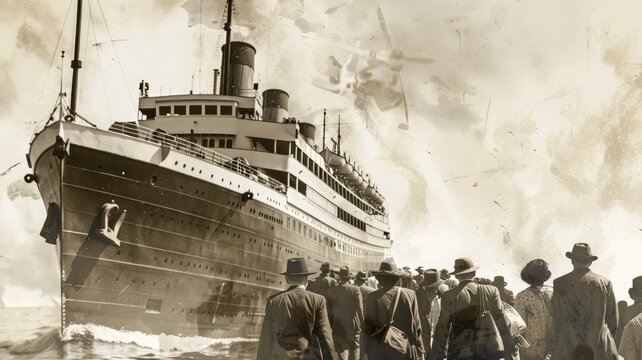 Vintage photo of ocean liner with people on dock