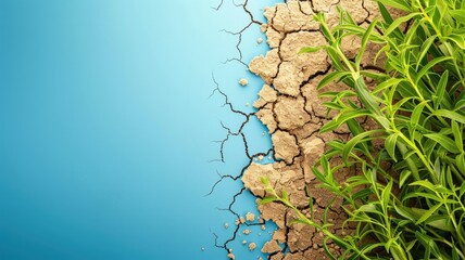 Half image showing flourishing green plants and other half depicting cracked dry earth, representing water scarcity agricultural contrast