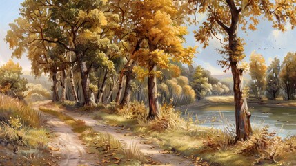 Obraz premium Vintage Autumn Wood On A River Bank, Evoking A Sense Of Nostalgia And Rustic Charm, High Quality