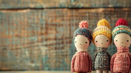 Fototapeta premium Three handmade dolls with knitted hats and sweaters against wooden backdrop