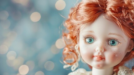 Fototapeta premium Close-up of doll with red hair and blue eyes against bokeh background