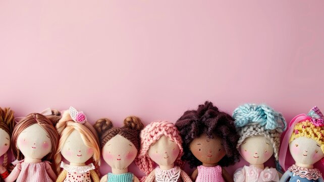Handmade rag dolls with various hairstyles on pink background