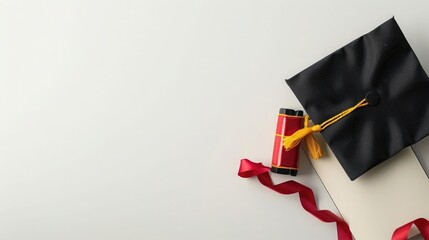 GGT on a white background, a black and yellow graduation cap with a red ribbon next to a diploma, a top view, copy space concept for education or college celebration and party, minimalism.