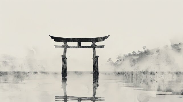 Classic Japanese View in Sumi Ink Painting. Tori gate in sumi ink. - Powered by Adobe