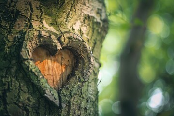 heart shaped hole in tree trunk, green background, focus on the heart shape of wood carving, nature...