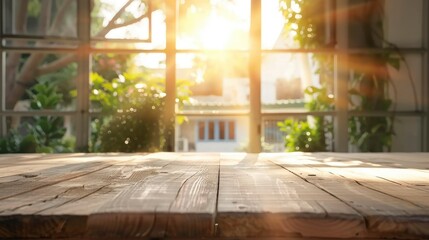 Wood Table Background With Sunlight Through A Window, Creating A Warm And Inviting Atmosphere, High Quality