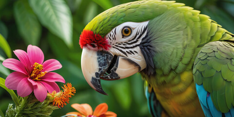  Amazon parrot inspecting a colorful flower