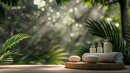Wooden Podium Displaying Bathing Spa Products With A Defocused Background, Evoking Relaxation And Luxury, High Quality