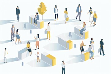 A diverse group of people collaborating in a modern isometric view of a bustling office building in the city center