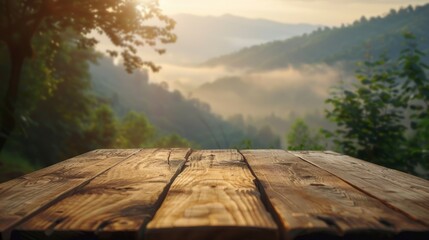 Naklejka premium Wooden Table Against A Blurred Mountain Morning Backdrop, Creating A Rustic And Natural Setting, High Quality