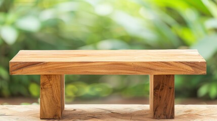 Wooden Table Bench On A Green Blurred Background, Creating A Serene And Inviting Atmosphere, High Quality