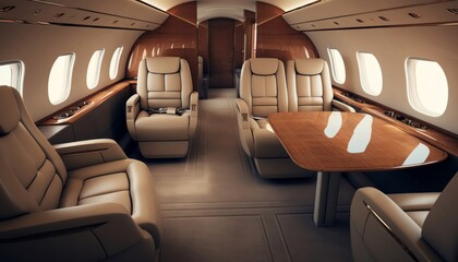 Elegant private business jet with a modern and luxurious interior, emphasizing comfort and exclusivity Ideal for business travel promotions or luxury aviation services Plenty of co