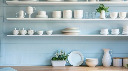 light blue kitchen shelves with white plates and cups on wooden countertop, pastel interior design of modern home studio mockup, close up - Powered by Adobe