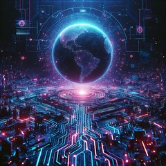 A digital Earth amidst a network of cyber patterns, symbolizing global tech connectivity 