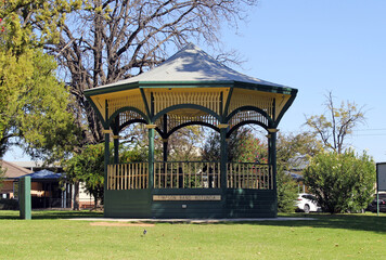 Simpson Band Rotunda set on a grassy area with trees at Waring Gardens in Deniliquin, New South...