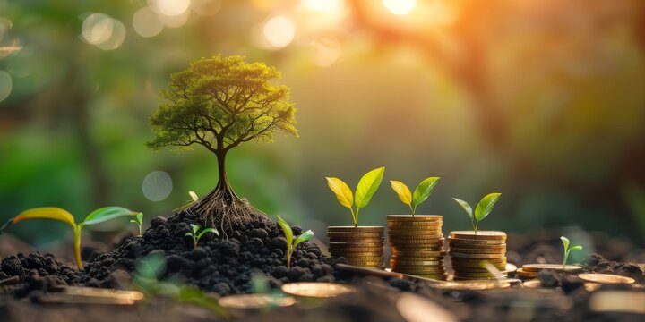 Tree Grows On A Pile Of Coins Concept Of Profit Saving For The Future Of Investment And Business Growth For Financial Prosperity And Sustainable Development