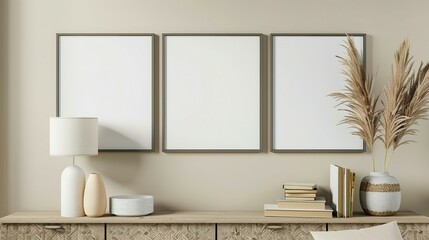 Three mock up poster frames on the wall in a modern living room interior. Books, a vase, and a lamp sit on a cabinet. Scandinavian style. 3D rendering.