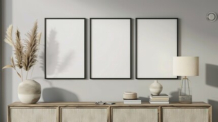 Three mock up poster frames on the wall in a modern living room interior. Books, a vase, and a lamp sit on a cabinet. Scandinavian style. 3D rendering.