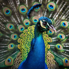 Fototapeta premium Close-Up of Majestic Peacock Displaying Vibrant Plumage