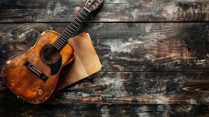 Obraz premium Old acoustic guitar next to hat on worn wooden background