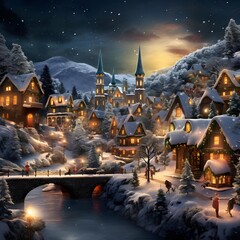 Digital painting of a winter village at night with a bridge and houses
