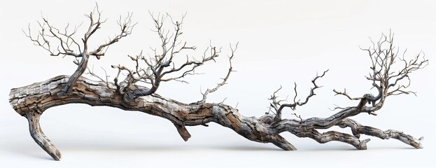 A large, dead tree branch with a gnarled and twisted trunk. The bark is a dark brown color and the branches are bare.