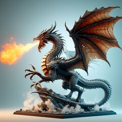 Obraz premium An intricately designed dragon, wings unfurled, perched on rocks and exhaling fire