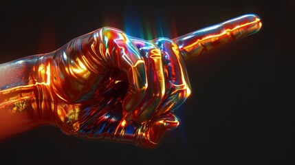 Hand Pointing with colorful shiny oil paint on dark background.