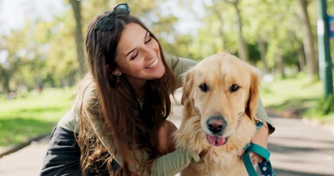 Woman, dog or pet with hugging in street with loyalty, playing and comfort for reward and walking in park. Animal, puppy and embrace in road for companion, bonding and protection in nature with leash