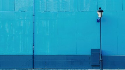 Photo of A blue wall with a street lamp on it, minimalistic background. Web banner with copyspace on the right