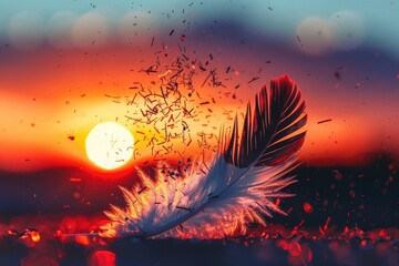 Photo of A feather disintegrating into particles, symbolizing the inner essence and beauty that lies within each person..sunset background, minimalistic, elegant - Powered by Adobe