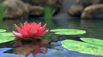 Red Lotus Water Lily Blooming On Serene Waters, Adding A Pop Of Color To The Scene, High Quality