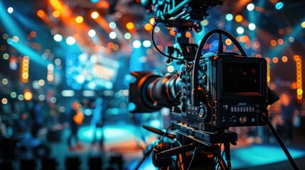 Photo of a TV studio with professional cameras and lights for news, show or concert filming. Closeup view of the video equipment on stage against a blurred background.