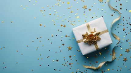 Photo of a white gift box with a golden ribbon on a blue background, with star confetti around. Flat lay top view. New Year concept banner for holiday sales and presents with copy space.