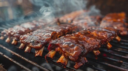 Classic american bbq. slow-cooked ribs in rich sauce, capturing essence of bbq culture