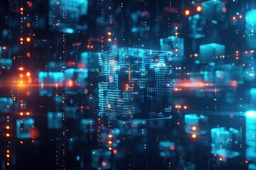 Obraz premium Abstract background with blue glowing city lights and cubes on a dark background.