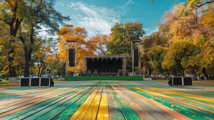 Photo of an outdoor stage with a sound system and backdrop for a live music concert in a city park. The 