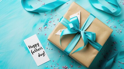 photo of gift box with ribbon and note "Happy father's day!" on blue background, top view
