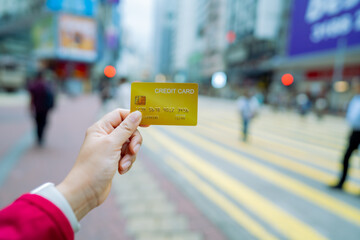 Travel card, Tourist woman showing credit card or travel card for convenient travel Make shopping...