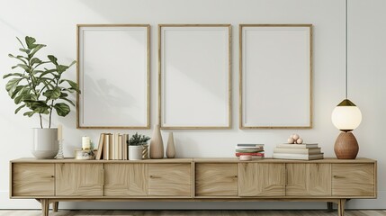 Three mock up poster frames on the wall in a modern living room interior. Books, a vase, and a lamp sit on a cabinet. Scandinavian style. 3D rendering.