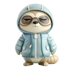 A small stuffed animal wearing a blue jacket and a hoodie