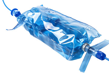 Transparent plastic bag filled with blue liquid.