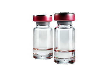 Two glass vials with red caps filled with a clear liquid on a white background.