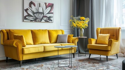 Stylish living room interior with yellow sofa and armchair near table with flowers on carpet against white wall background, real photo