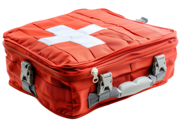 Red first aid kit isolated on white background.